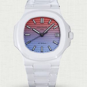Patek Philippe Aet Nautilus 5711 Pink Blue Textured Dial White Ceramic Replica Watch