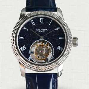 Patek Philippe Tourbillon 42mm Blue Starry Dial Blue Leather Strap Replica Watch