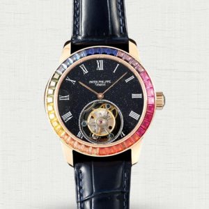 Patek Philippe Tourbillon 42mm Rainbow Bezel Black Starry Dial Replica Watch