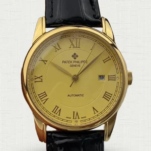 Luxury Swiss Patek Philippe Calatrava Replica Gold Dial Watch With Black Leather Strap