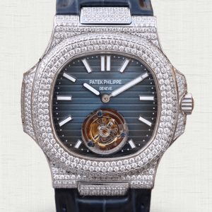 Luxury Swiss Replica Patek Philippe Nautilus 40mm Blue Dial Diamond Bezel Watch – Elegant Leather Strap