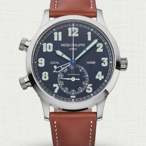 Swiss Patek Philippe Calatrava 5524G-001 Replica Pilot Travel Time Blue Dial Brown Leather Strap Watch