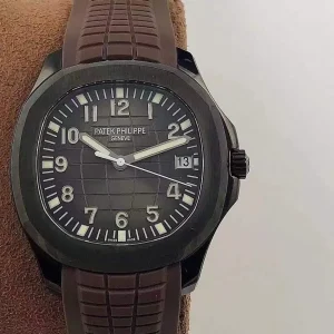 BF Factory Patek Philippe Aquanaut 5167A Replica Black DLC/PVD Case Black Gradient Embossed Dial 40mm Brown Rubber Strap Watch Front View