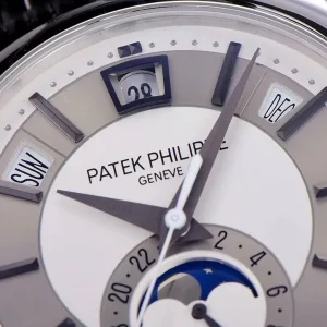GR Patek Philippe Complications 5205G-001 Rhodium Grey & Silvery-Grey Dial Annual Calendar Moon Phase Luxury Watch Dial Detail 1
