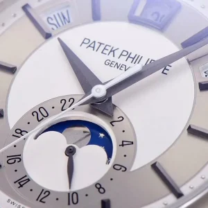 GR Patek Philippe Complications 5205G-001 Rhodium Grey & Silvery-Grey Dial Annual Calendar Moon Phase Luxury Watch Dial Detail 2