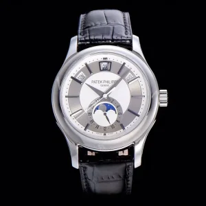 GR Patek Philippe Complications 5205G-001 Rhodium Grey & Silvery-Grey Dial Annual Calendar Moon Phase Luxury Watch Front View