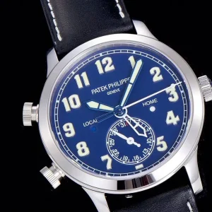 GR Factory Super Clone Patek Philippe Complications Calatrava 5524G-001 'Pilot' Travel Time Blue Dial Black Strap Watch Dial Side View 1