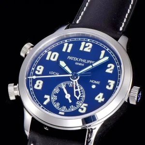 GR Factory Super Clone Patek Philippe Complications Calatrava 5524G-001 'Pilot' Travel Time Blue Dial Black Strap Watch Dial Side View 2