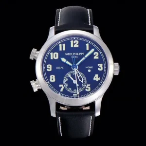 GR Factory Super Clone Patek Philippe Complications Calatrava 5524G-001 'Pilot' Travel Time Blue Dial Black Strap Watch Front View