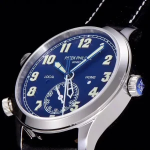 GR Factory Super Clone Patek Philippe Complications Calatrava 5524G-001 'Pilot' Travel Time Blue Dial Black Strap Watch Side View 1