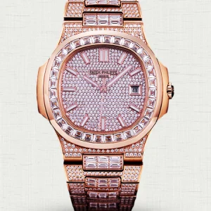 Patek Philippe Nautilus 5711 Replica Rose Gold Iced Out Luxury Watch with Pave-set Diamond Dial, Baguette Diamond Bezel First Look