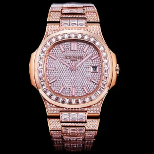 Patek Philippe Nautilus 5711 Replica Rose Gold Iced Out Luxury Watch with Pave-set Diamond Dial, Baguette Diamond Bezel Front View