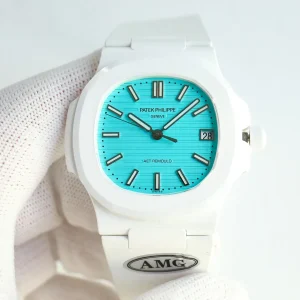 AMG DiW-AET Patek Philippe Nautilus 5711 Replica Tiffany Blue Dial White Ceramic Case White Rubber Strap Luxury Watch Front View