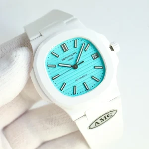 AMG DiW-AET Patek Philippe Nautilus 5711 Replica Tiffany Blue Dial White Ceramic Case White Rubber Strap Luxury Watch Side View Of Dial 1