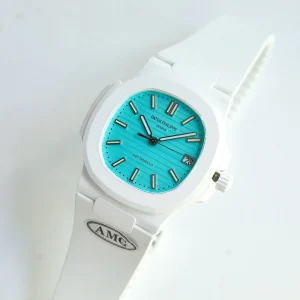 AMG DiW-AET Patek Philippe Nautilus 5711 Replica Tiffany Blue Dial White Ceramic Case White Rubber Strap Luxury Watch Side View Of Dial 2