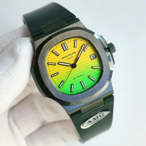 AMG DiW-AET Patek Philippe Nautilus 5711 Replica Yellow-to-Green Gradient Dial Black Rubber Strap Luxury Watch Side view of dial 1