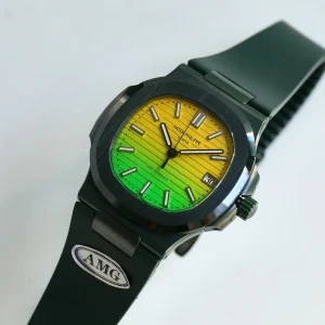 AMG DiW-AET Patek Philippe Nautilus 5711 Replica Yellow-to-Green Gradient Dial Black Rubber Strap Luxury Watch Side view of dial 2