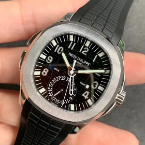 Luxury Patek Philippe Aquanaut 5164A-001 Replica Black Embossed Dial Black Rubber Strap Travel Time 40.8mm Watch Dial Detail 2