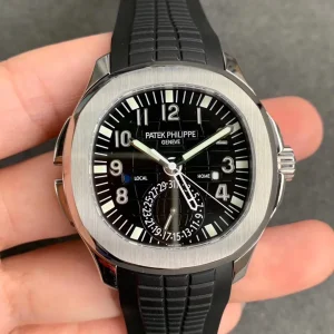Luxury Patek Philippe Aquanaut 5164A-001 Replica Black Embossed Dial Black Rubber Strap Travel Time 40.8mm Watch Front View