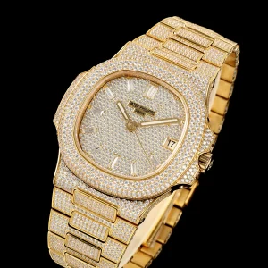 Luxury Patek Philippe Nautilus 5711 Replica Pavé Diamond Dial Gold Plated Diamond Case Diamond Bezel & Bracelet 40mm Watch Dial Side View 1