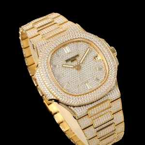 Luxury Patek Philippe Nautilus 5711 Replica Pavé Diamond Dial Gold Plated Diamond Case Diamond Bezel & Bracelet 40mm Watch Dial Side View 2