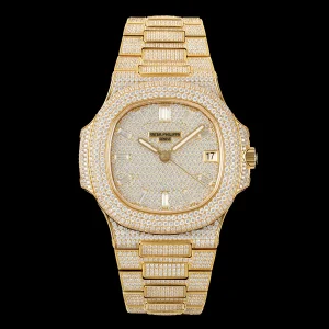 Luxury Patek Philippe Nautilus 5711 Replica Pavé Diamond Dial Gold Plated Diamond Case Diamond Bezel & Bracelet 40mm Watch Case Back
