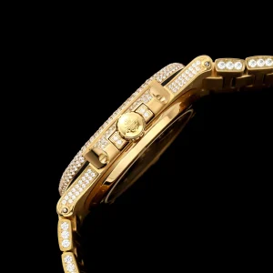 Luxury Patek Philippe Nautilus 5711 Replica Pavé Diamond Dial Gold Plated Diamond Case Diamond Bezel & Bracelet 40mm Watch Side View 2