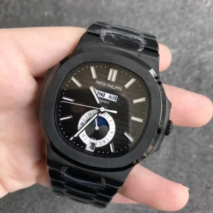 Luxury Patek Philippe Nautilus 5726/1A-001 Replica Black Dial Black PVD 904L Stainless Steel Case 40.5mm Annual Calendar Moon-Phase Watch Dial Detail 2