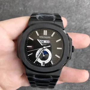 Luxury Patek Philippe Nautilus 5726/1A-001 Replica Black Dial Black PVD 904L Stainless Steel Case 40.5mm Annual Calendar Moon-Phase Watch Front View