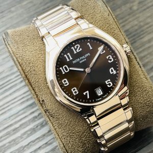 Luxury Super Clone Patek Philippe Twenty~4 7300/1200R-001 Replica Brown Dial Rose Gold Plated Stainless Steel Case Ladies Watch Side view of dial 1