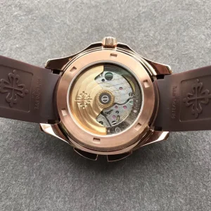 Patek Philippe Aquanaut 5164R Replica Brown Grid Dial Rose Gold Tone Case Diamond Bezel Brown Rubber Strap Watch Case Back