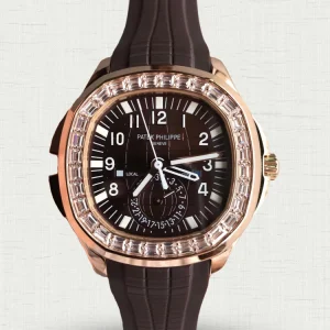 Patek Philippe Aquanaut 5164R Replica Brown Grid Dial Rose Gold Tone Case Diamond Bezel Brown Rubber Strap Watch Cover Image
