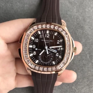 Patek Philippe Aquanaut 5164R Replica Brown Grid Dial Rose Gold Tone Case Diamond Bezel Brown Rubber Strap Watch Front View 1