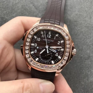 Patek Philippe Aquanaut 5164R Replica Brown Grid Dial Rose Gold Tone Case Diamond Bezel Brown Rubber Strap Watch Front View 2