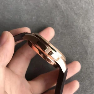 Patek Philippe Aquanaut 5164R Replica Brown Grid Dial Rose Gold Tone Case Diamond Bezel Brown Rubber Strap Watch Side View 1