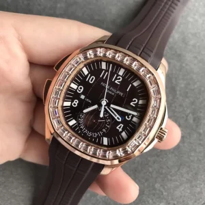 Patek Philippe Aquanaut 5164R Replica Brown Grid Dial Rose Gold Tone Case Diamond Bezel Brown Rubber Strap Watch Side View Of Dial 1