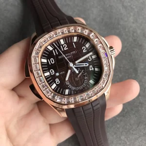 Patek Philippe Aquanaut 5164R Replica Brown Grid Dial Rose Gold Tone Case Diamond Bezel Brown Rubber Strap Watch Side View Of Dial 2