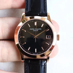 Patek Philippe Calatrava 5296 Replica Black Dial Rose Gold Tone Case 38mm Luxury Dress Watch Front View