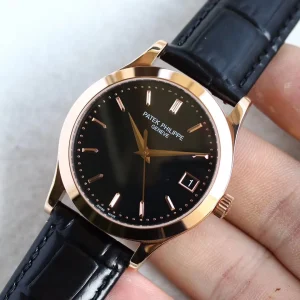 Patek Philippe Calatrava 5296 Replica Black Dial Rose Gold Tone Case 38mm Luxury Dress Watch Side View Of Dial 2
