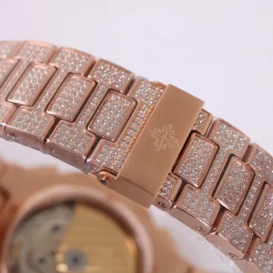 Patek Philippe Nautilus 5980 Replica Rose Gold Paved Diamond Dial Diamond Bezel Diamond Bracelet Luxury Chronograph 41mm Watch Bracelet
