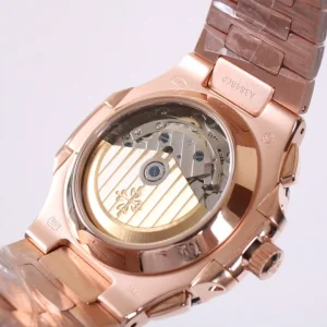 Patek Philippe Nautilus 5980 Replica Rose Gold Paved Diamond Dial Diamond Bezel Diamond Bracelet Luxury Chronograph 41mm Watch Case Back