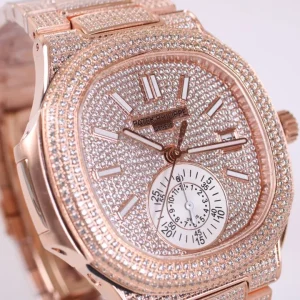 Patek Philippe Nautilus 5980 Replica Rose Gold Paved Diamond Dial Diamond Bezel Diamond Bracelet Luxury Chronograph 41mm Watch Dial Detail