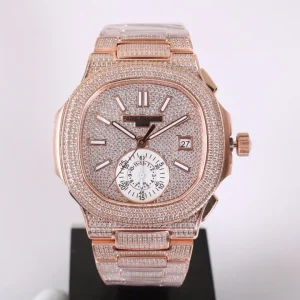 Patek Philippe Nautilus 5980 Replica Rose Gold Paved Diamond Dial Diamond Bezel Diamond Bracelet Luxury Chronograph 41mm Watch Front View