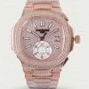 Patek Philippe Nautilus 5980 Replica Rose Gold Paved Diamond Dial Diamond Bezel Diamond Bracelet Luxury Chronograph 41mm Watch Main Image