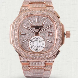 Patek Philippe Nautilus 5980 Replica Rose Gold Paved Diamond Dial Diamond Bezel Diamond Bracelet Luxury Chronograph 41mm Watch Main Image
