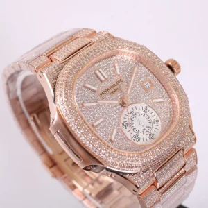 Patek Philippe Nautilus 5980 Replica Rose Gold Paved Diamond Dial Diamond Bezel Diamond Bracelet Luxury Chronograph 41mm Watch Side Profile Of Dial 1