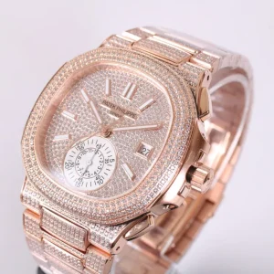 Patek Philippe Nautilus 5980 Replica Rose Gold Paved Diamond Dial Diamond Bezel Diamond Bracelet Luxury Chronograph 41mm Watch Side Profile Of Dial 2