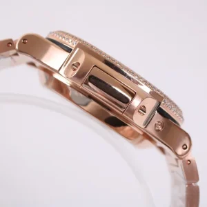 Patek Philippe Nautilus 5980 Replica Rose Gold Paved Diamond Dial Diamond Bezel Diamond Bracelet Luxury Chronograph 41mm Watch Side View 1