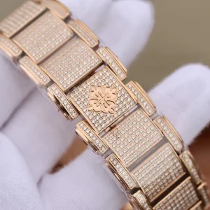 Super Clone Luxury Patek Philippe Twenty~4 4909R/50R-001 Replica Pavé Diamond Dial Rose Gold 904L Steel Case Ladies Watch Bracelet