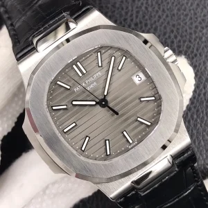 Super Clone Patek Philippe Nautilus 5711G-001 Replica 40mm Slate Grey Dial Black Leather Strap Automatic Watch Dial Detail